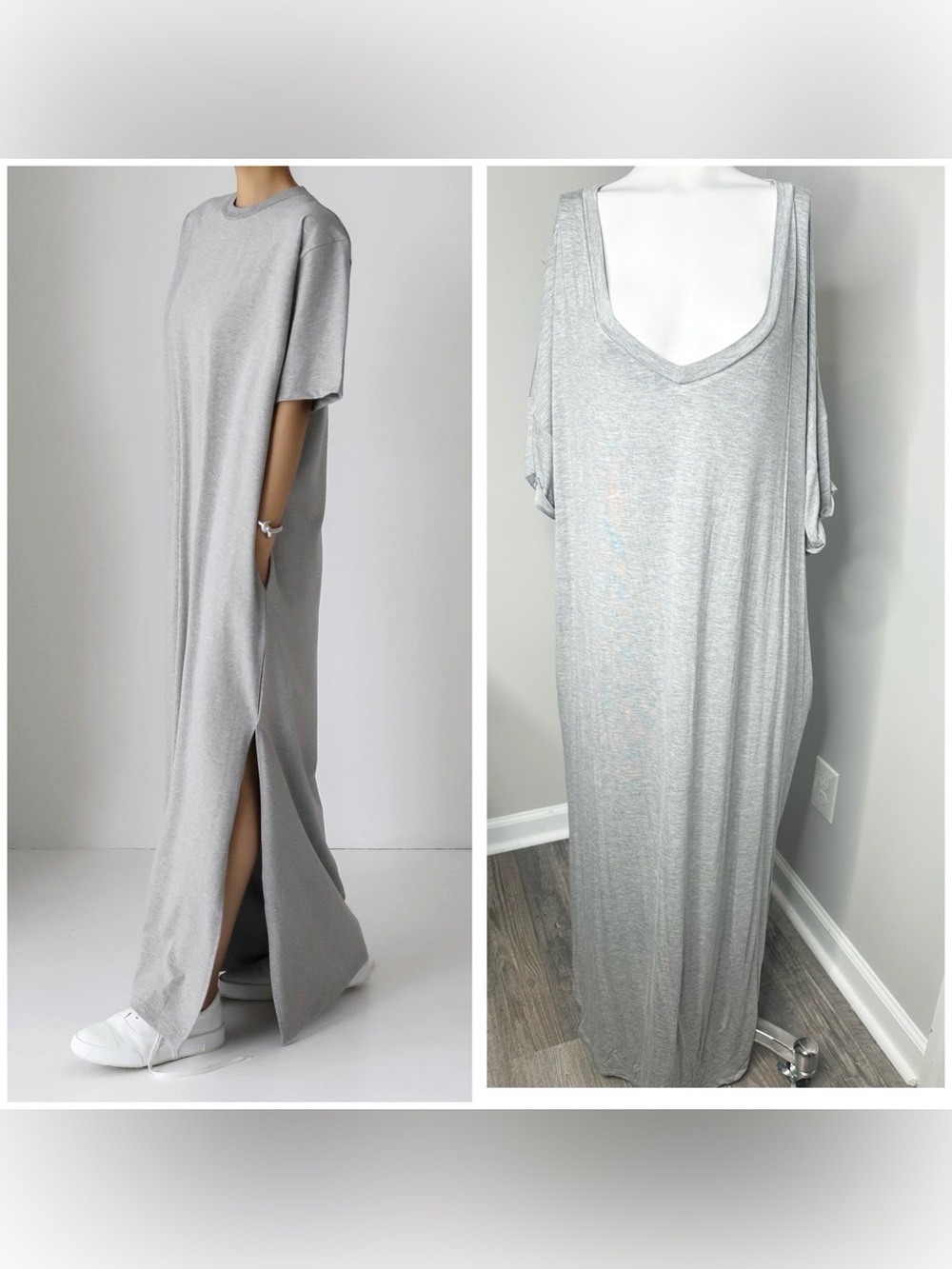 Culture code Light Gray Maxi T-Shirt Dress with Side Slit-2X